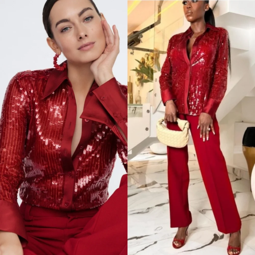 Zara Sequin Red Shirt Size S NWT